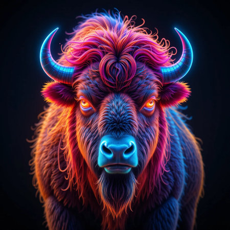 Bison with horns and neon lights on black background. 3d renderingの素材