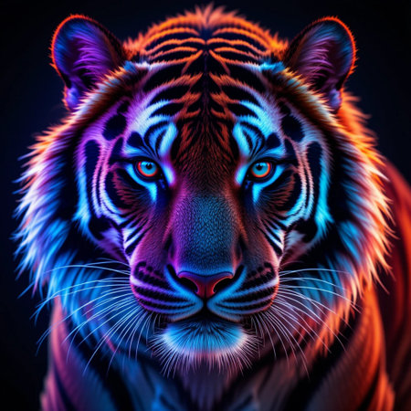 Portrait of a tiger in the neon light. 3D renderingの素材
