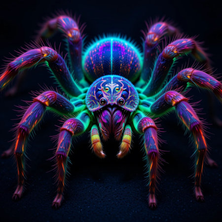 Tarantula spider on black background, close-up, 3d illustrationの素材