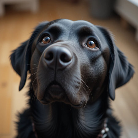 Portrait of a cute black labrador retriever dog looking upの素材