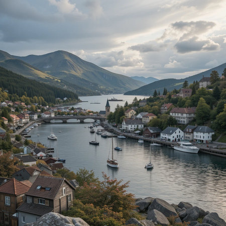 Aerial view of Hallstatt, a small town in the Austrian Alps.の素材