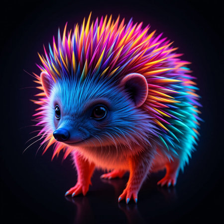 Hedgehog on a black background. 3D rendering. Neon lights.の素材