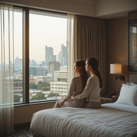 Side view of two young women sitting on bed in hotel room and looking at city viewの素材