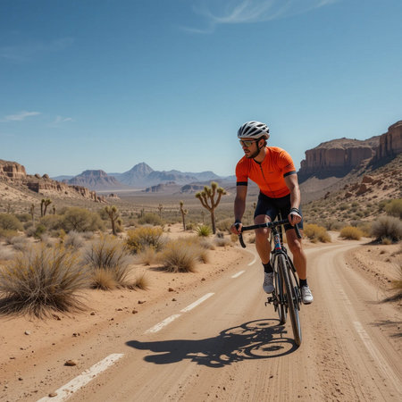 Cyclist riding on dirt road in Valley of Fire State Park, Nevadaの素材
