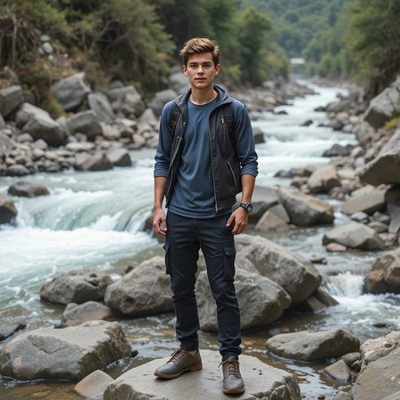 Handsome young man standing near a mountain river and looking at cameraの素材