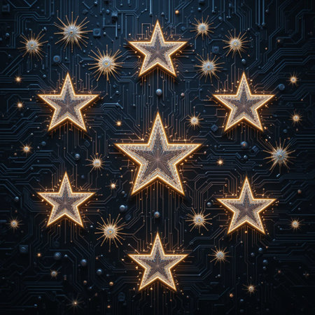 Circuit board background with golden stars. 3d rendering toned imageの素材