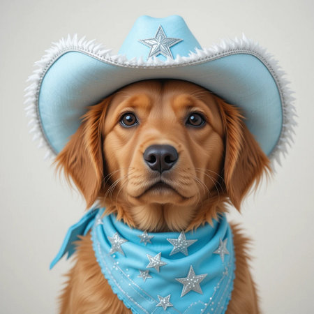 Cute Golden Retriever puppy wearing a cowboy hat and blue bandana.の素材