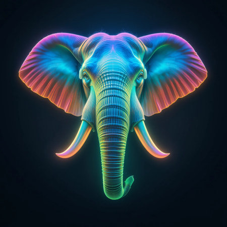 Elephant head on a dark background. 3D rendering. Neon colors.の素材