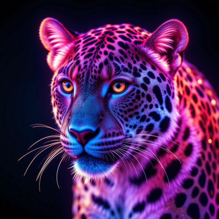 Leopard portrait in neon light. 3D rendering, illustration.の素材