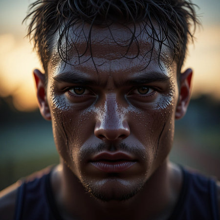 Portrait of a young man with dirty face in a field at sunsetの素材