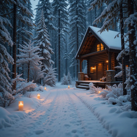 Winter night in the forest. Wooden house in the winter forest.の素材