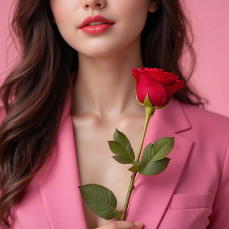 cropped view of beautiful young woman holding red rose isolated on pinkの素材
