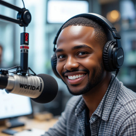 selective focus of smiling african american radio host in headphones looking at cameraの素材