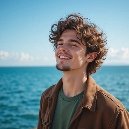 Portrait of a handsome young man with curly hair on the background of the seaの素材
