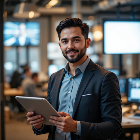 Portrait of a young businessman using digital tablet in a modern officeの素材
