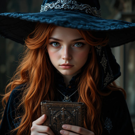 Portrait of a beautiful red-haired girl in a black witch costume.の素材