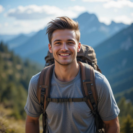 Handsome young man with backpack standing on top of a mountainの素材