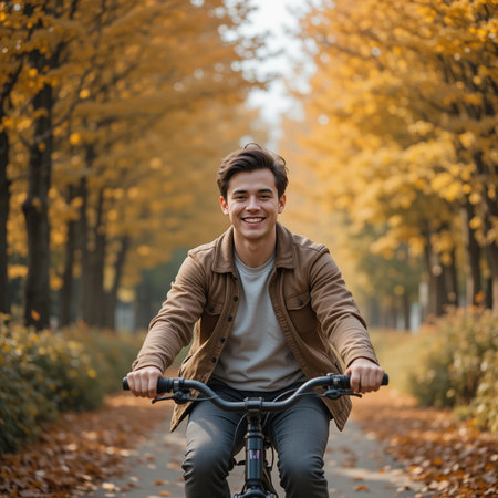 Young man riding a bicycle in an autumn park. Smiling and looking at camera.の素材