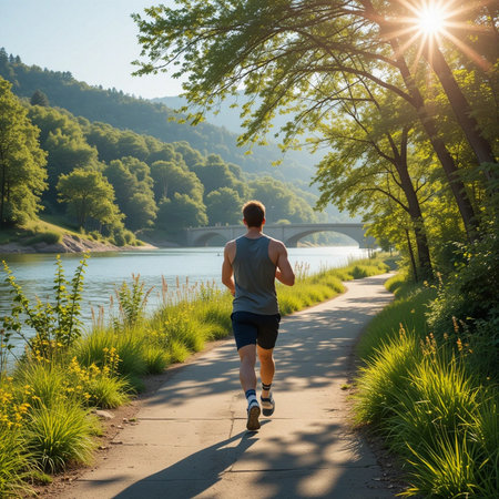 Athletic man jogging along a path in the morningの素材