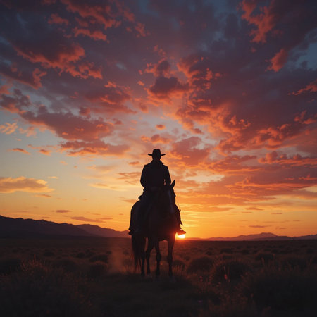 Silhouette of cowboy riding a horse on the sunset background.の素材