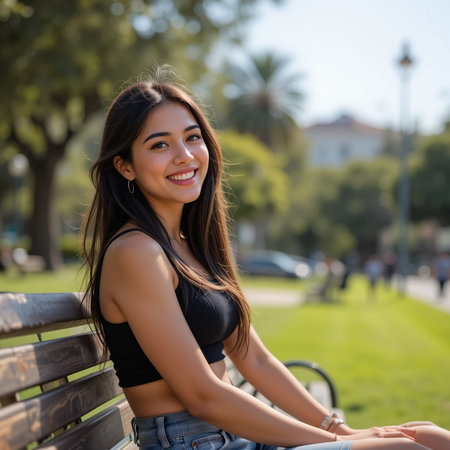 Portrait of a beautiful young Asian woman sitting on a bench in the parkの素材