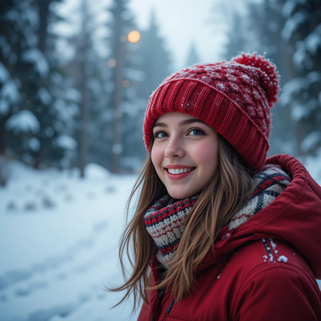 Portrait of a beautiful young woman in a red hat and scarf on the background of a winter forestの素材