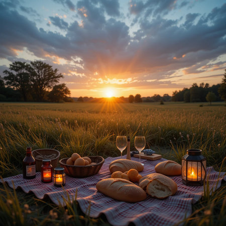 Picnic in the field at sunset. Picnic with bread, wine and candles.の素材