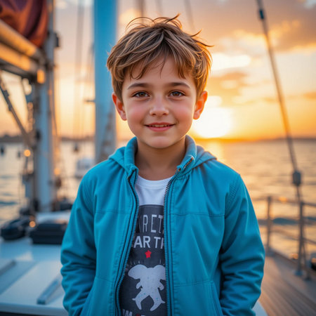 Portrait of a boy on the deck of a yacht at sunsetの素材