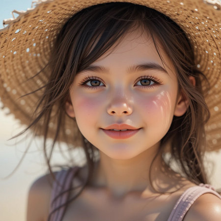 portrait of little girl in straw hat looking at camera on beachの素材