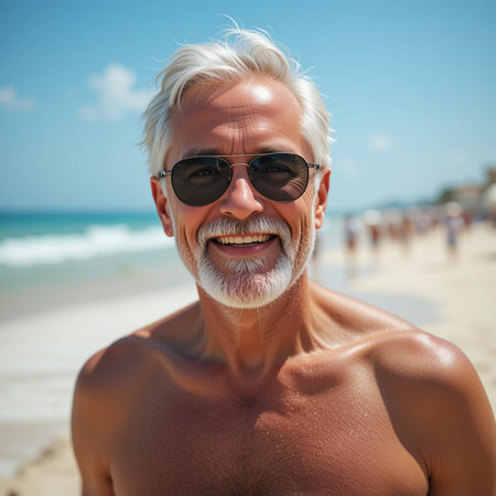 Portrait of smiling senior man with sunglasses on the beach at summer dayの素材