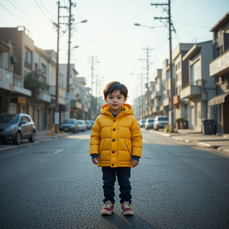 Cute Asian boy in yellow jacket walking on the street.の素材
