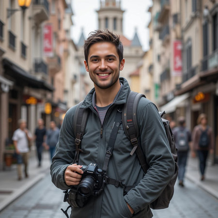 Young handsome tourist man with camera in European city street.の素材