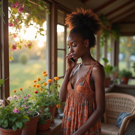 Young african american woman talking on mobile phone in cafe.の素材