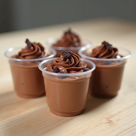 Chocolate mousse in plastic cups on wooden background. Selective focus.の素材