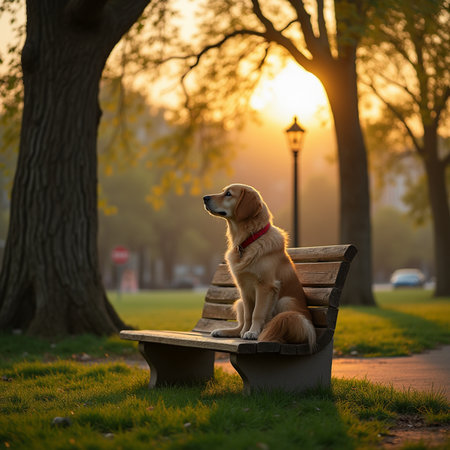 Golden Retriever sitting on a bench in the park at sunsetの素材