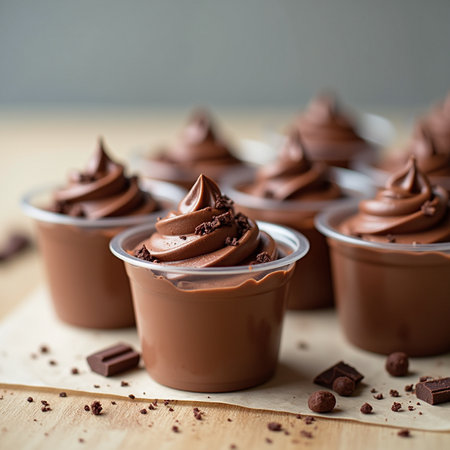 Chocolate Souffle in a small cup on a wooden tableの素材