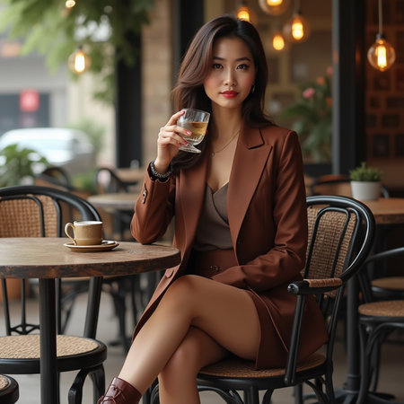 Beautiful asian woman drinking a glass of wine in a cafeの素材