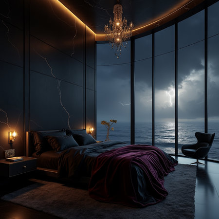 Luxury bedroom interior with a large window overlooking the sea. 3D rendering.の素材