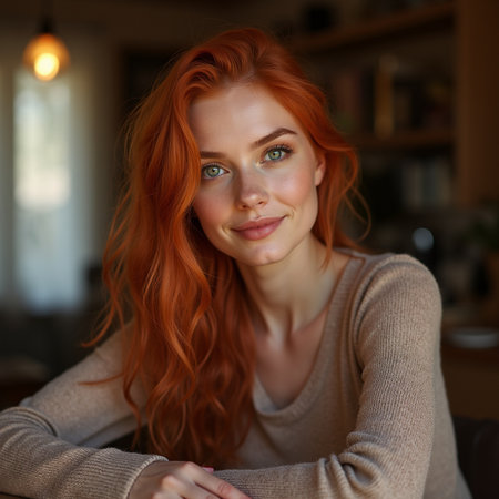 Portrait of a beautiful young woman with red hair at home.の素材