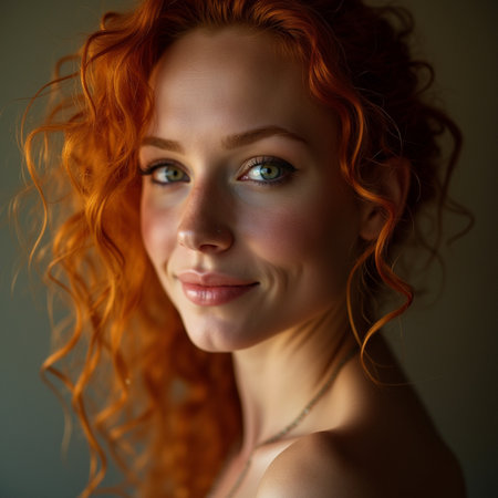 Portrait of a beautiful redhead woman with long curly hair.の素材