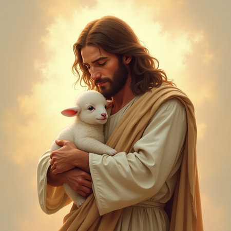 Jesus Christ with a small white kitten in his arms against the skyの素材