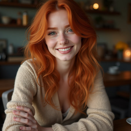Portrait of a beautiful young woman with red hair in a cafeの素材