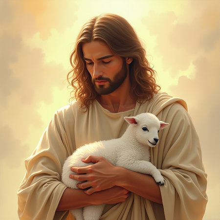 Jesus Christ with lamb in the hands of a child. 3d renderの素材