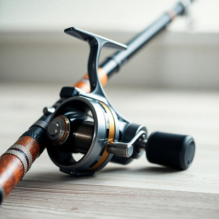 Fishing rod and reel on the wooden floor in the room.の素材