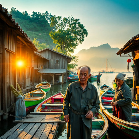 Vietnamese old man with his grandson on a boat in the morning.の素材