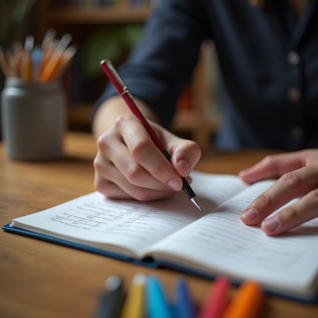 Close up of female hands writing in notebook on wooden table at homeの素材