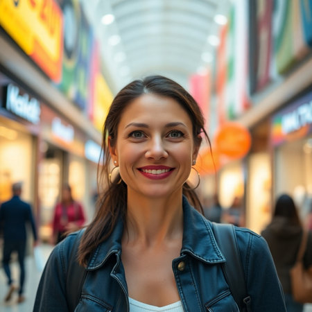 Portrait of a beautiful young woman in the shopping centre. Shallow depth of field.の素材