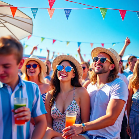 Group of friends having fun at summer music festival, dancing and drinking cocktailsの素材