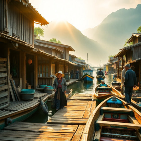 Famous old wooden houses on the bank of the river in the village of Ratchaburi, Thailandの素材