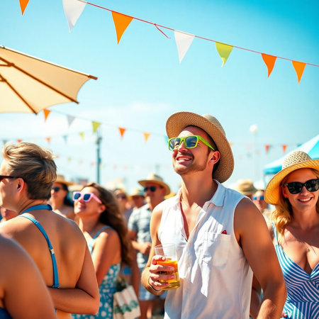 summer holidays, vacation, travel and people concept - group of smiling friends with cocktails on beachの素材